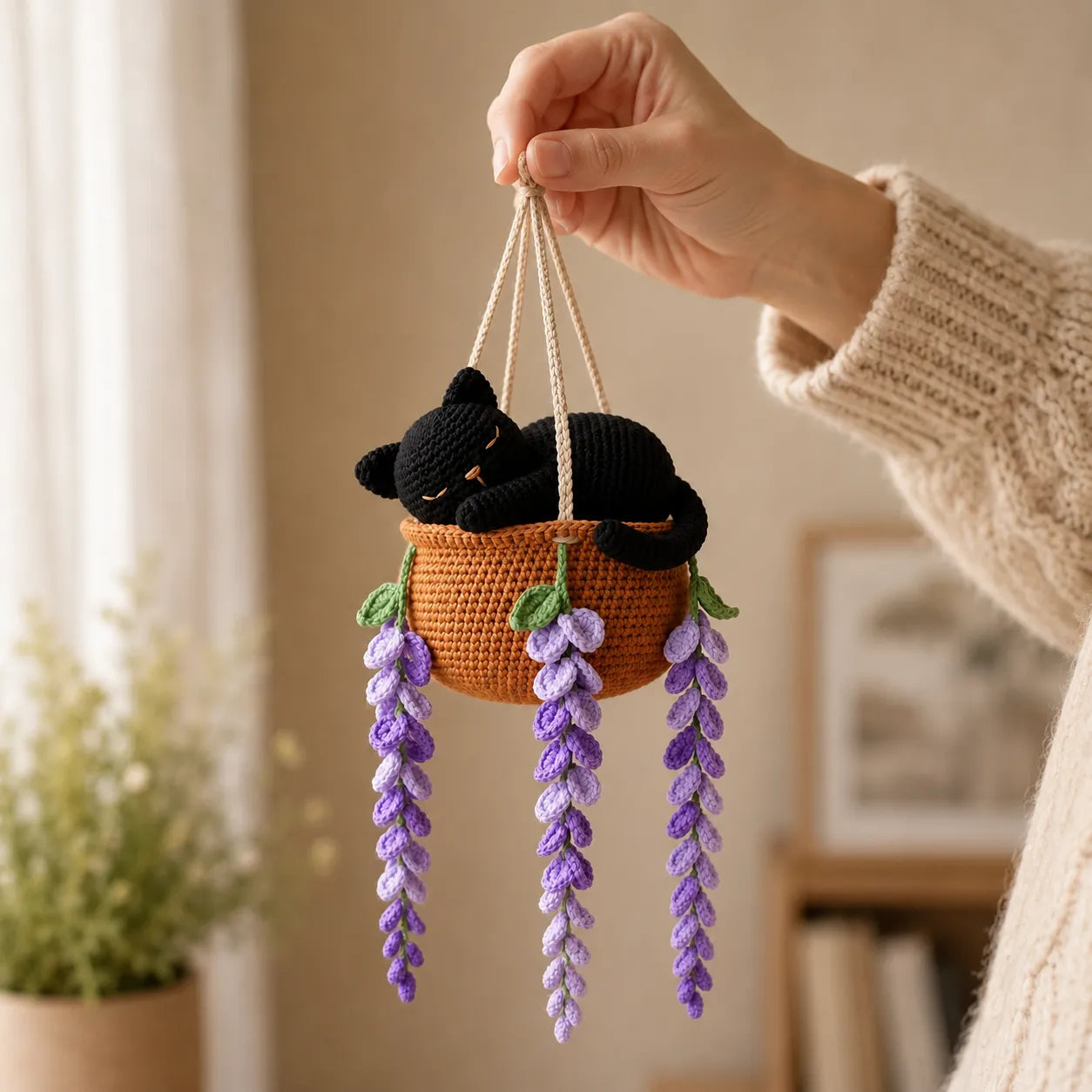 Lavender Midnight Nap - Handmade Crochet Black Cat Hanging Gift