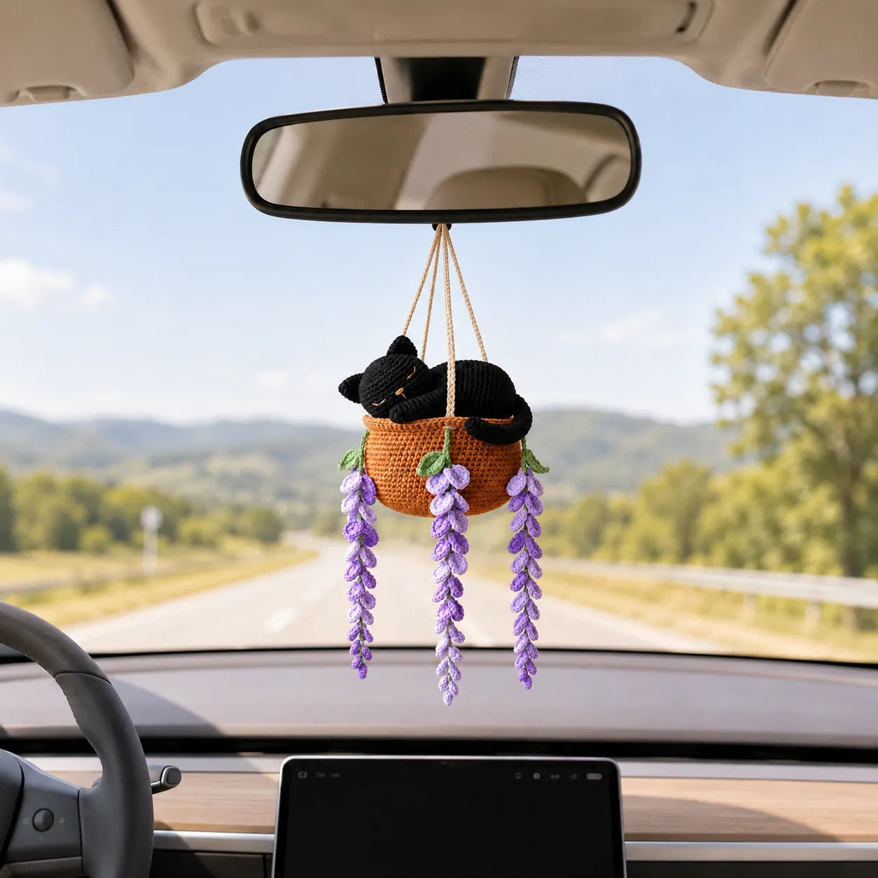 Lavender Midnight Nap - Handmade Crochet Black Cat Hanging Gift