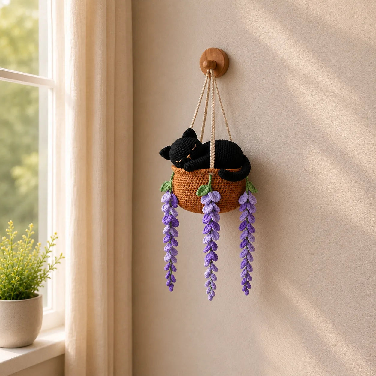 Lavender Midnight Nap - Handmade Crochet Black Cat Hanging Gift