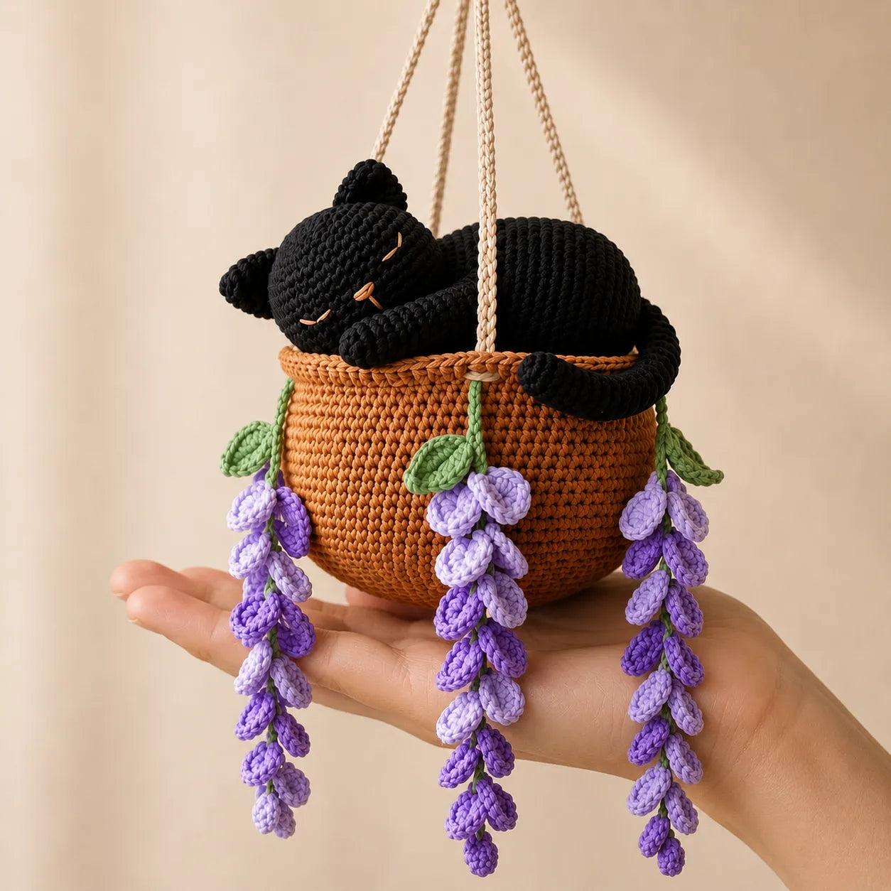 Lavender Midnight Nap - Handmade Crochet Black Cat Hanging Gift