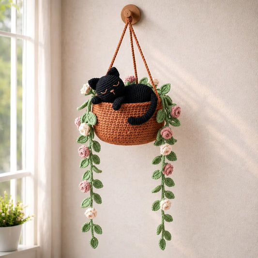 Dreamy Rose Reverie - Crochet Black Cat Hanging Basket Decor