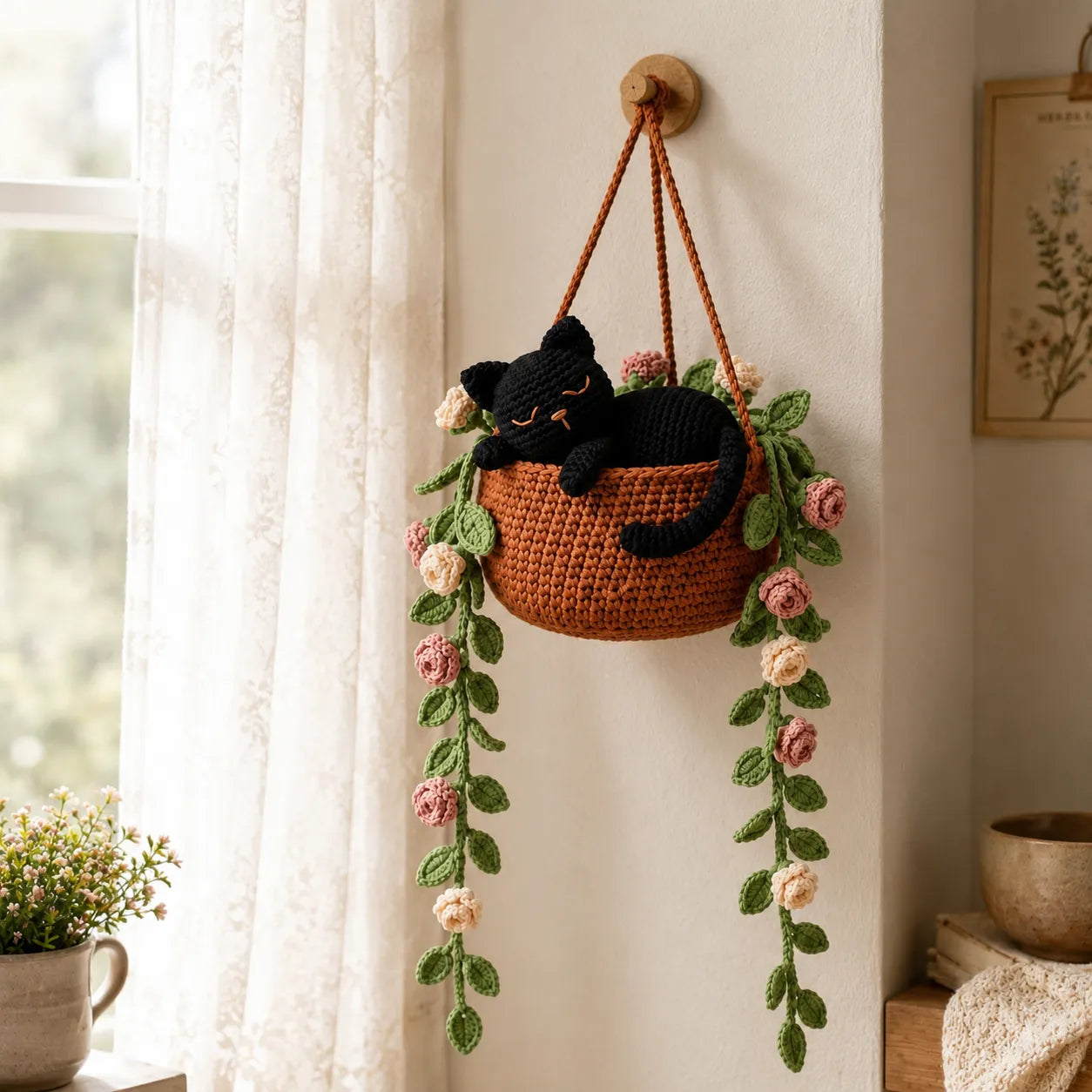 Dreamy Rose Reverie - Crochet Black Cat Hanging Basket Decor