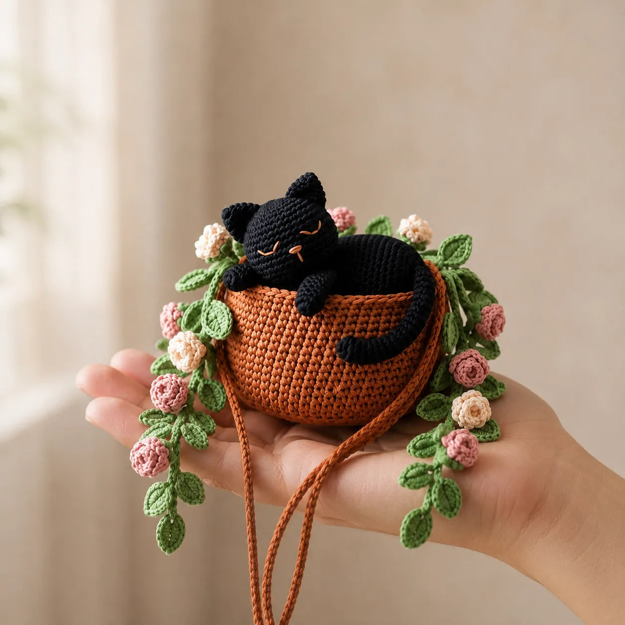 Dreamy Rose Reverie - Crochet Black Cat Hanging Basket Decor