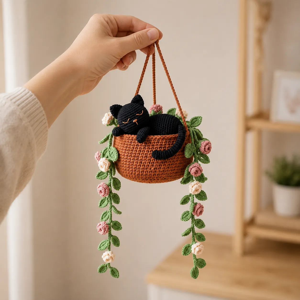 Dreamy Rose Reverie - Crochet Black Cat Hanging Basket Decor