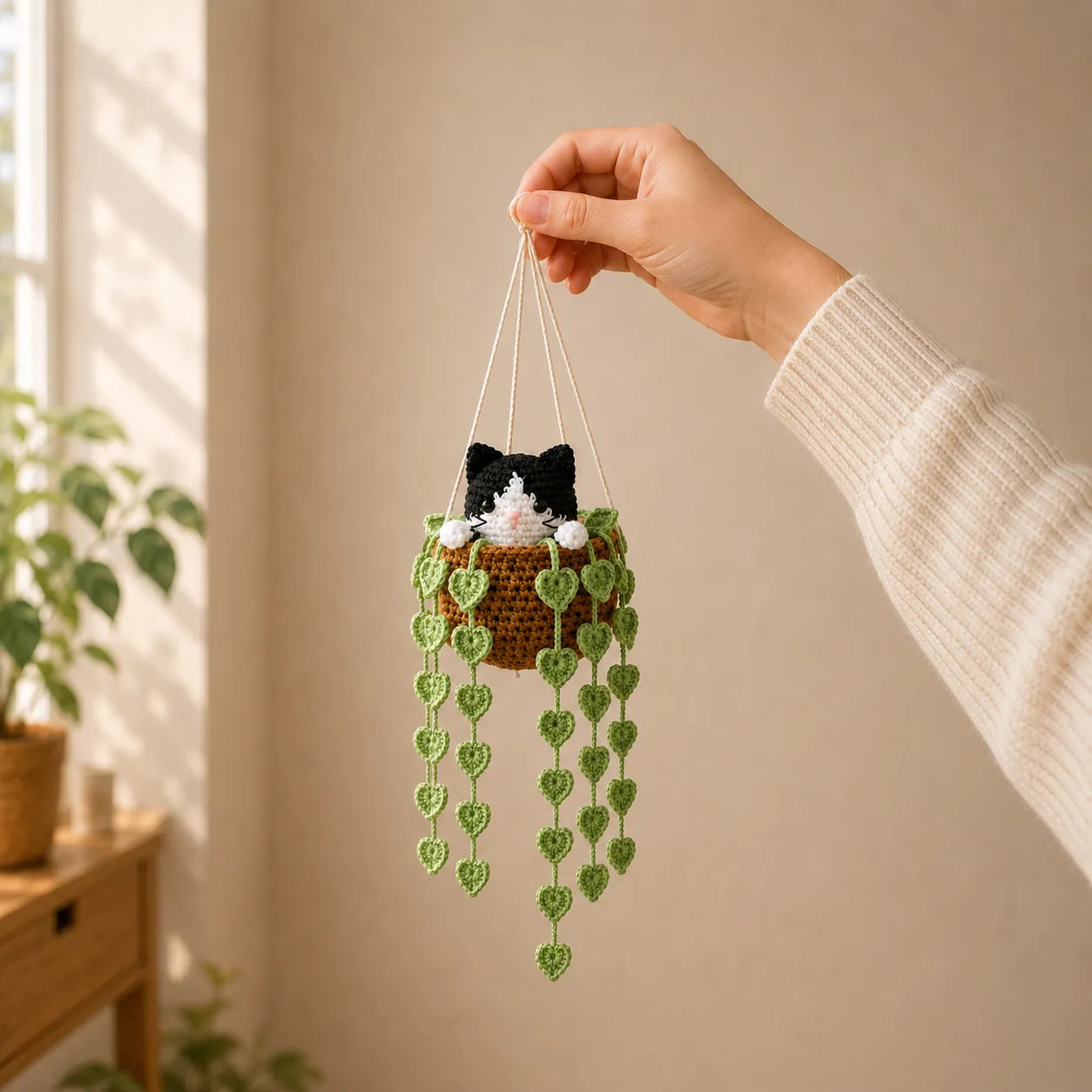 Pocket Mischief Kitty - Handmade Crochet Tuxedo Cat Basket