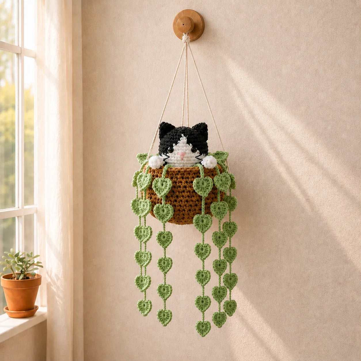 Pocket Mischief Kitty - Handmade Crochet Tuxedo Cat Basket