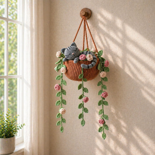 Blushing Garden Nap - Handmade Crochet Gray Tabby Hanging Basket