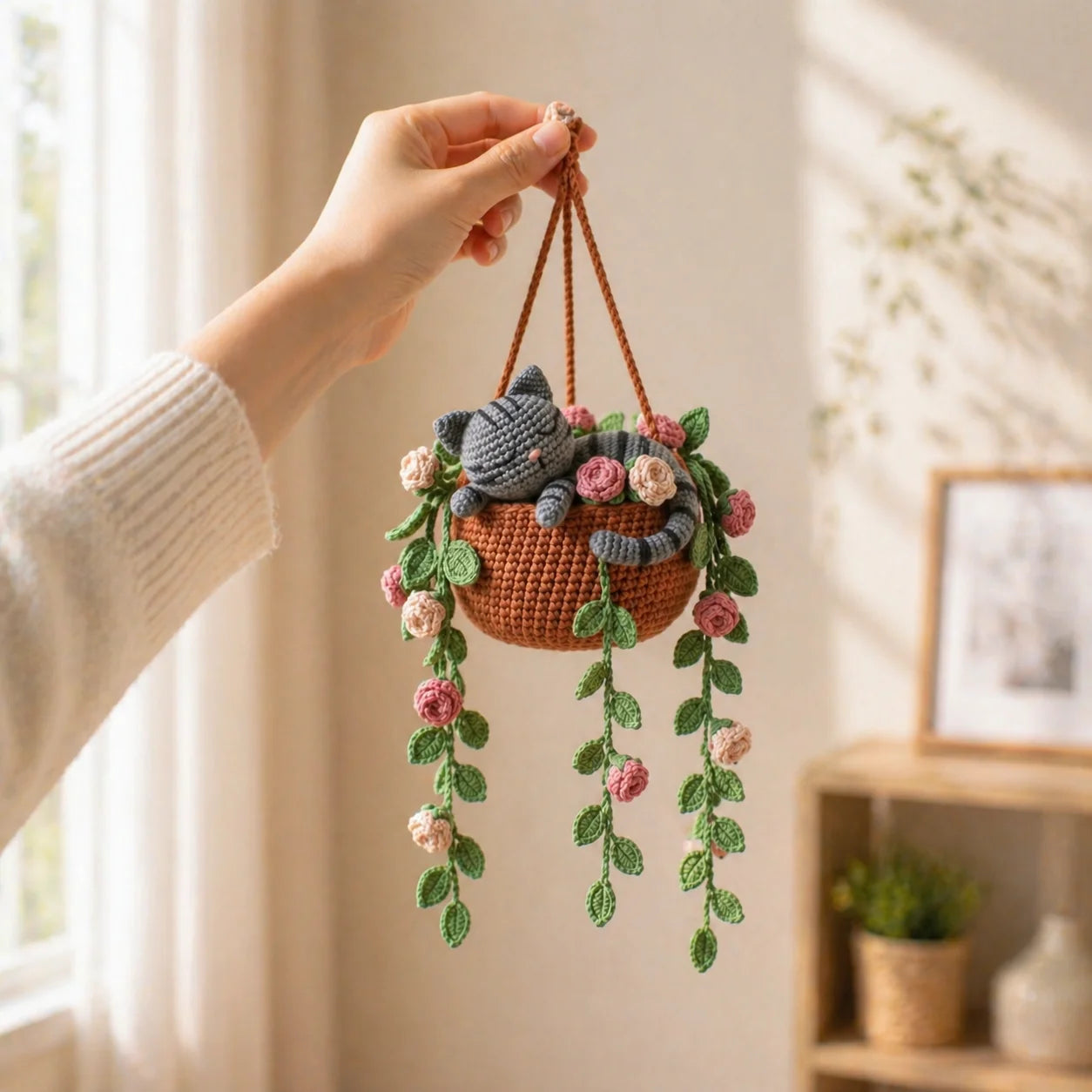 Blushing Garden Nap - Handmade Crochet Gray Tabby Hanging Basket