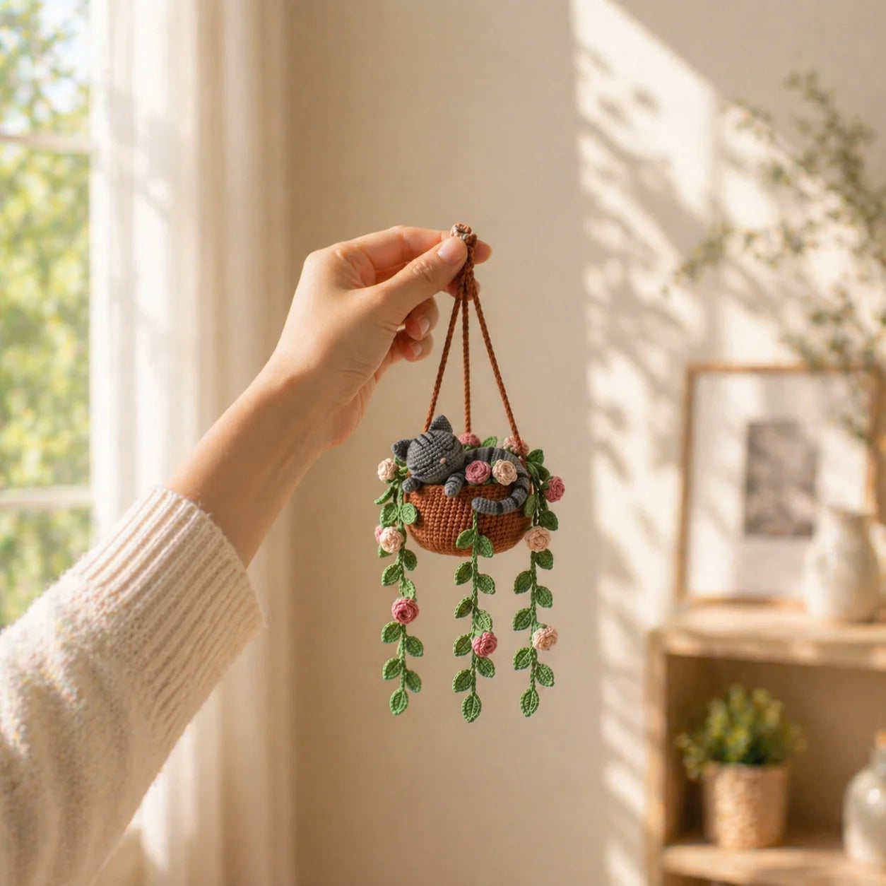 Blushing Garden Nap - Handmade Crochet Gray Tabby Hanging Basket