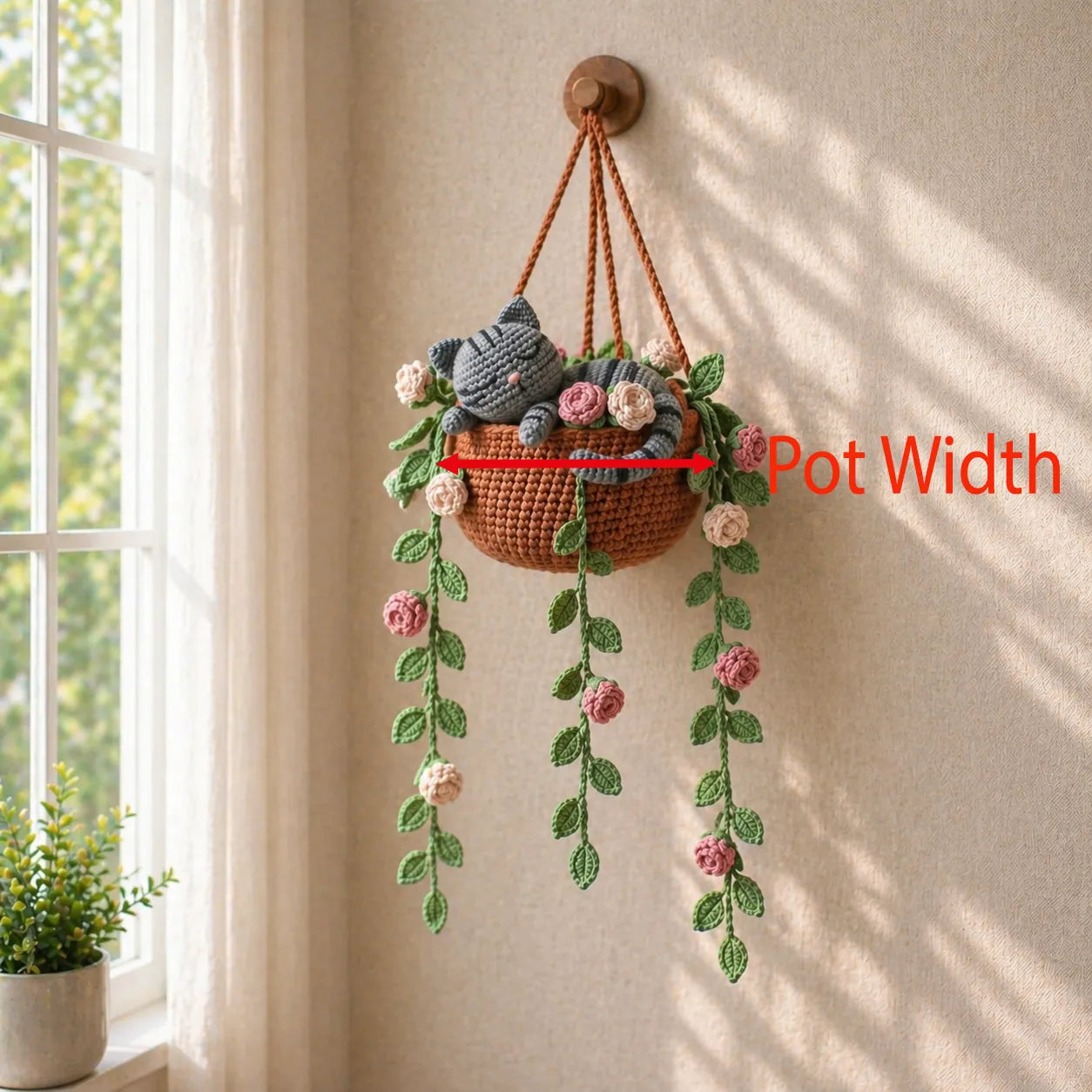 Blushing Garden Nap - Handmade Crochet Gray Tabby Hanging Basket