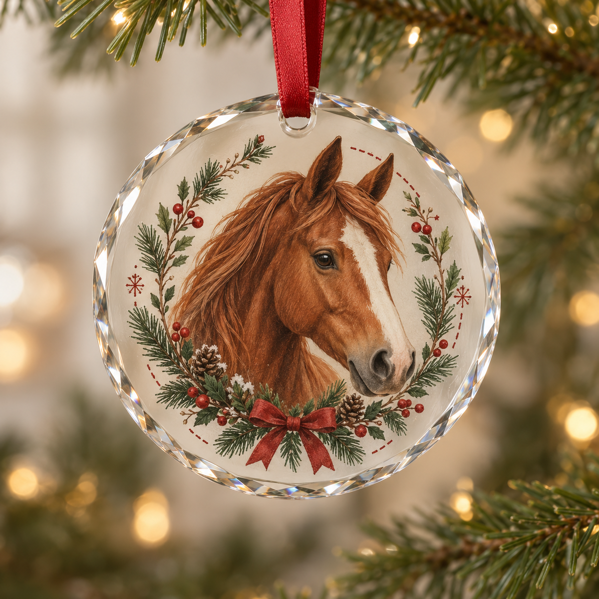 Round crystal glass ornament featuring a chestnut horse in a winter wreath with a red hanging ribbon