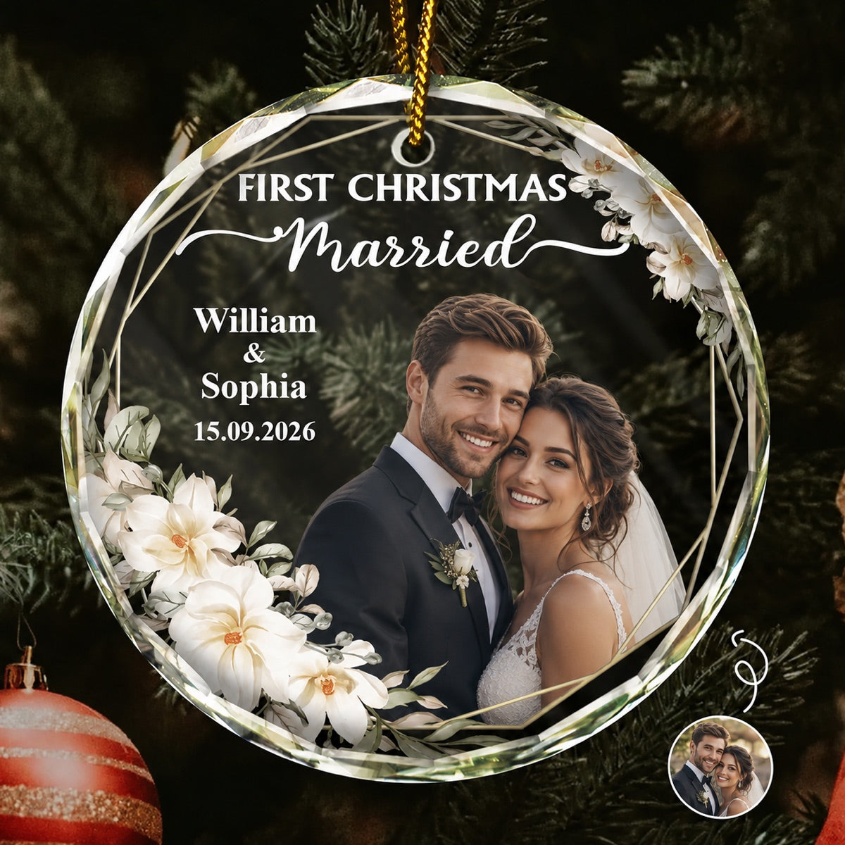 Personalized First Christmas Married Photo Glass Ornament, Ceramic Ornament