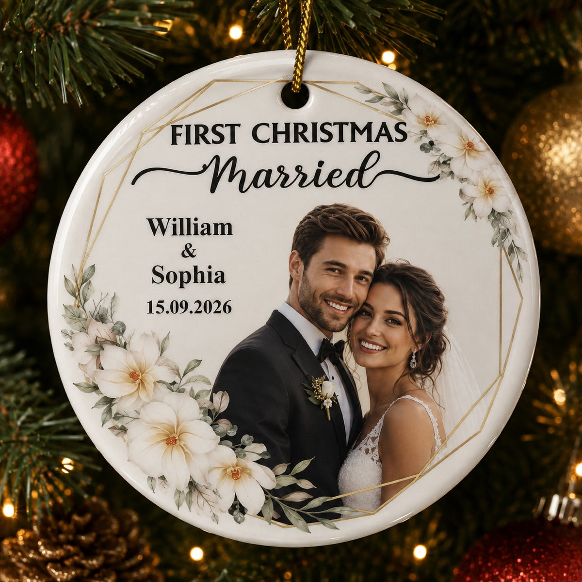 Personalized First Christmas Married Photo Glass Ornament, Ceramic Ornament