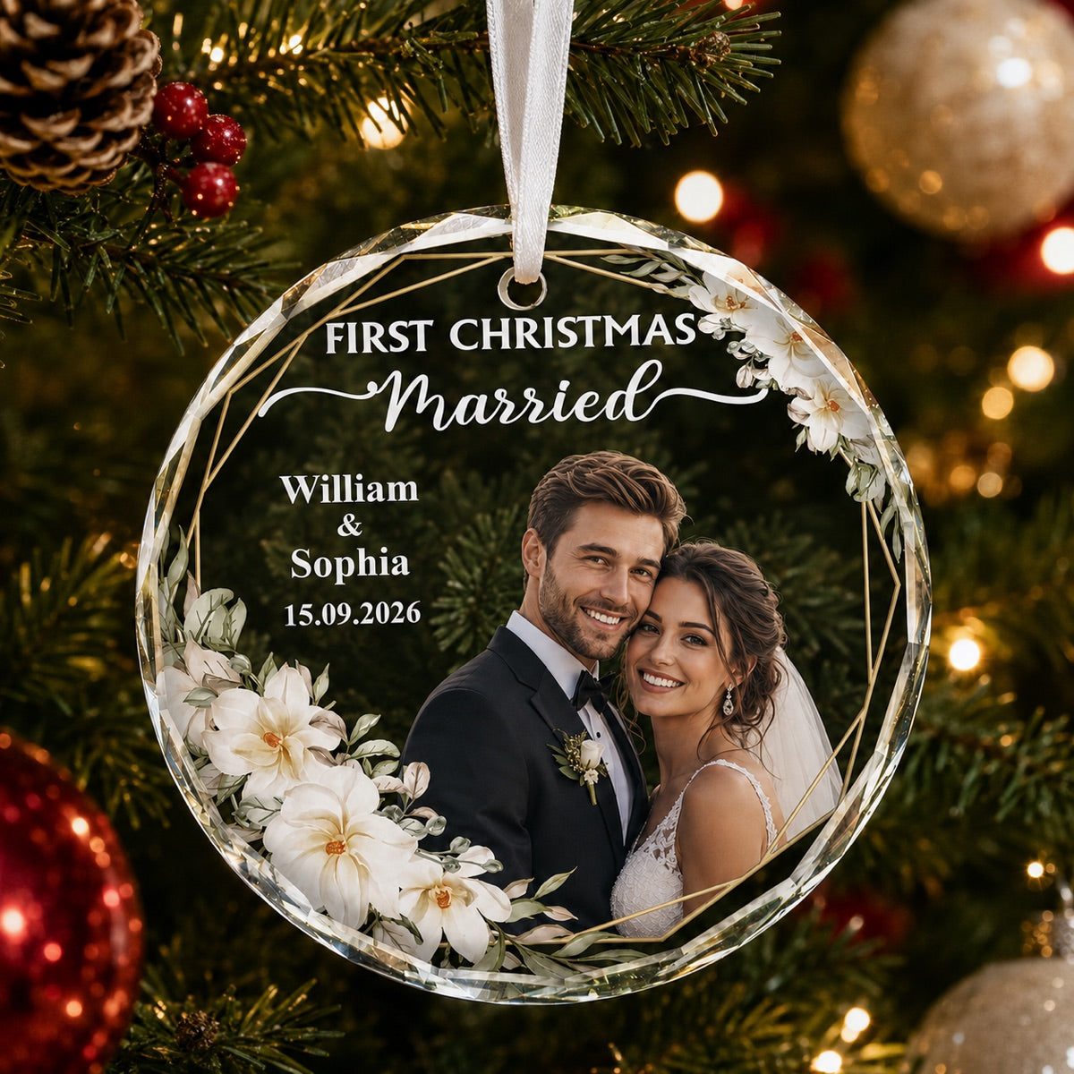 Personalized First Christmas Married Photo Glass Ornament, Ceramic Ornament