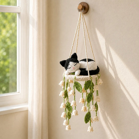 Tuxedo Lily Lullaby - Handmade Crochet Cat Lily Swing Hanging Decor