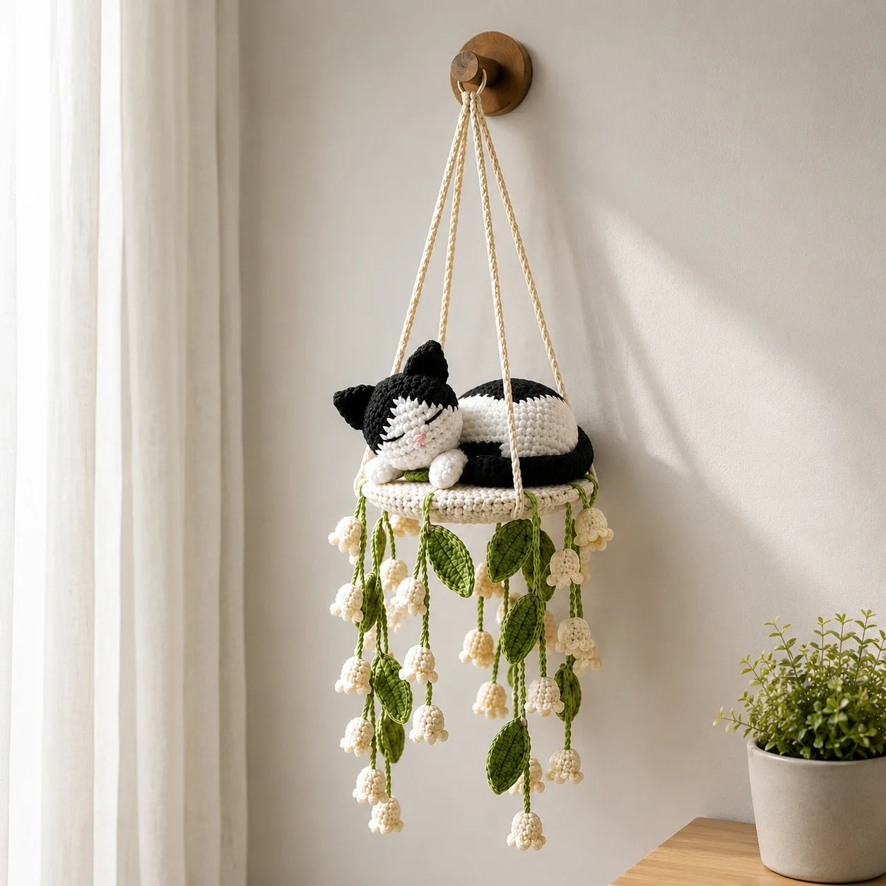 Tuxedo Lily Lullaby - Handmade Crochet Cat Lily Swing Hanging Decor