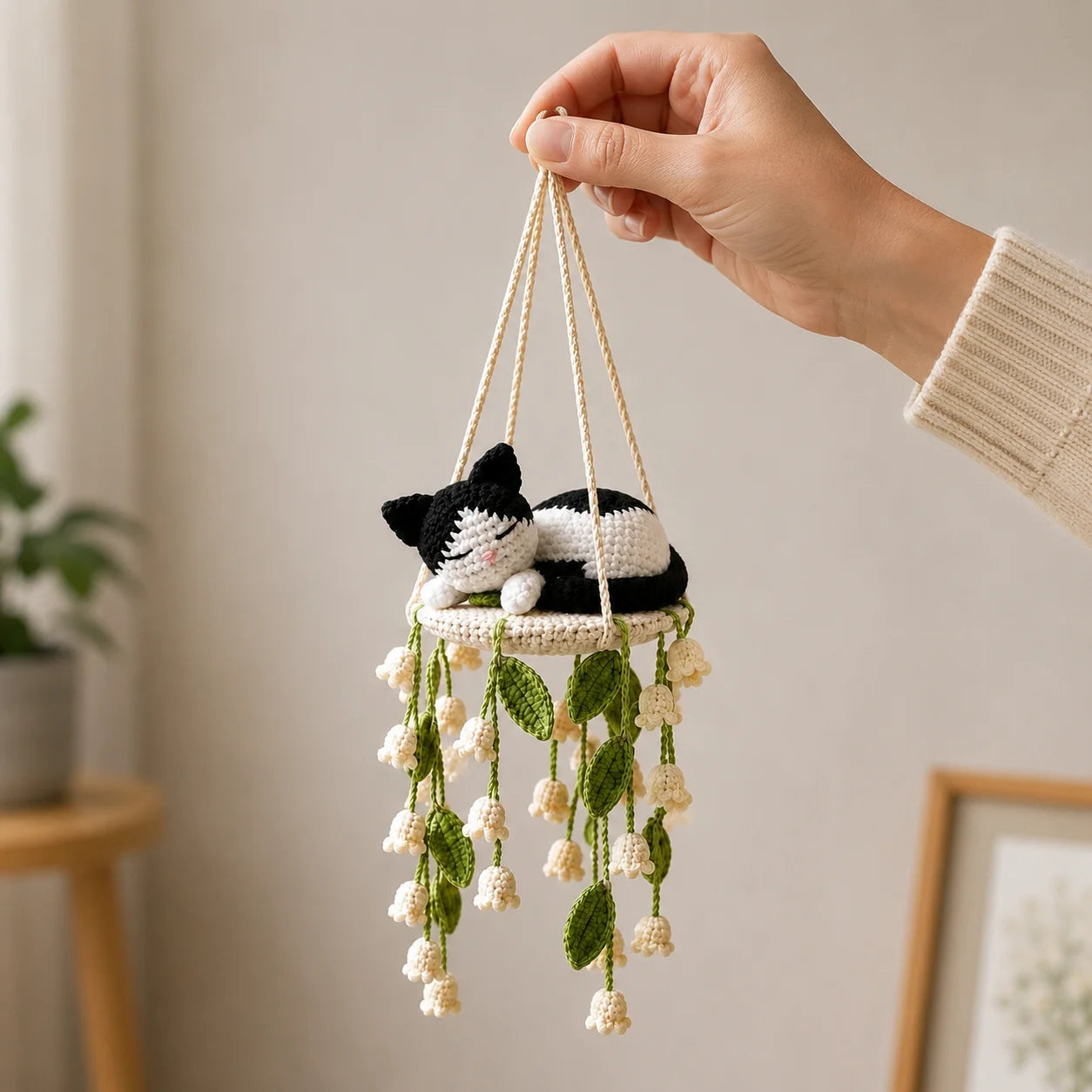 Tuxedo Lily Lullaby - Handmade Crochet Cat Lily Swing Hanging Decor