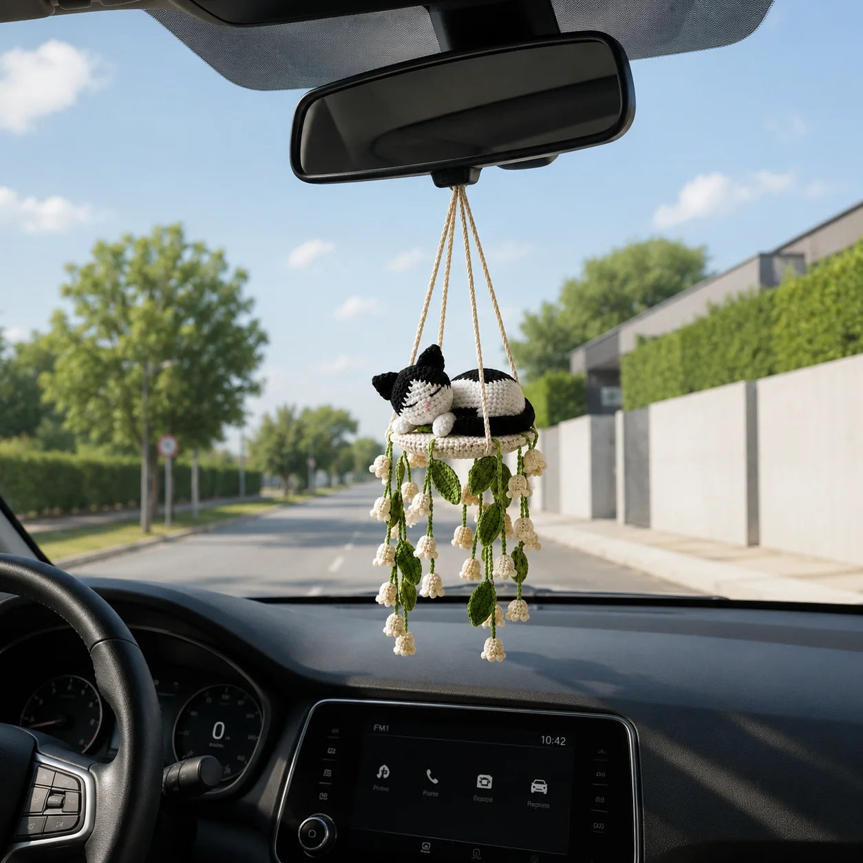 Tuxedo Lily Lullaby - Handmade Crochet Cat Lily Swing Hanging Decor
