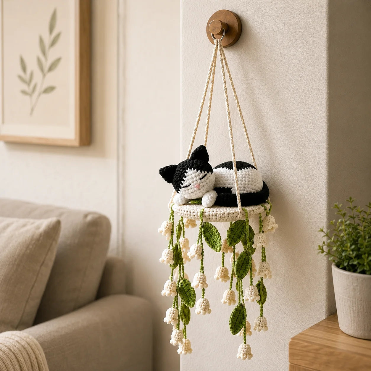 Tuxedo Lily Lullaby - Handmade Crochet Cat Lily Swing Hanging Decor