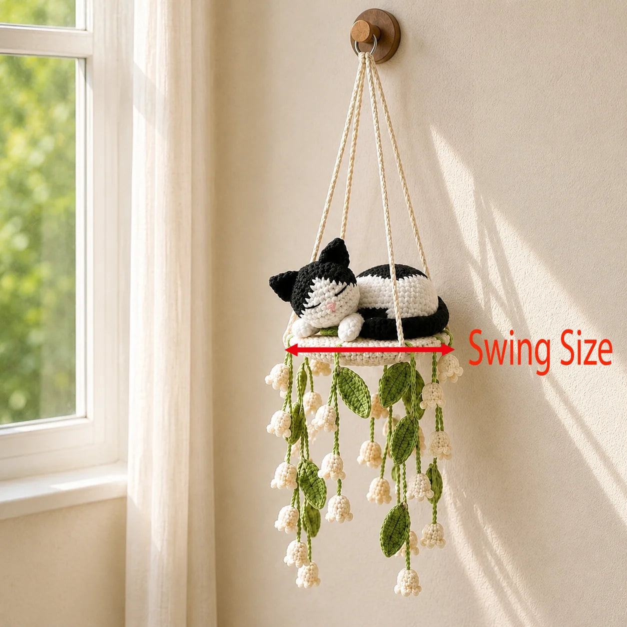 Tuxedo Lily Lullaby - Handmade Crochet Cat Lily Swing Hanging Decor
